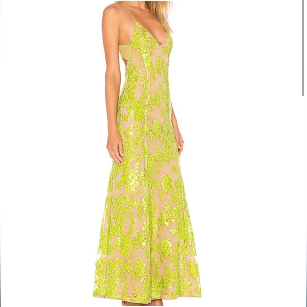 NBD Dusk til dawn gown in goblin green from revolve